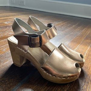 No. 6 Gold Peep Toe Clog Sandals